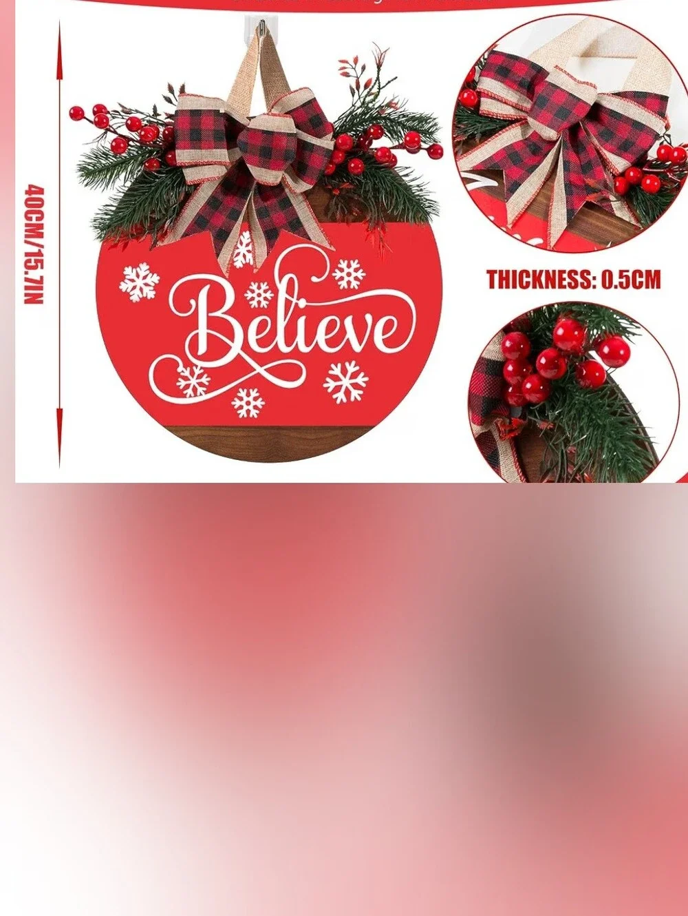 Believe Red Holiday Wooden Sign with Plaid Bow. NWT.